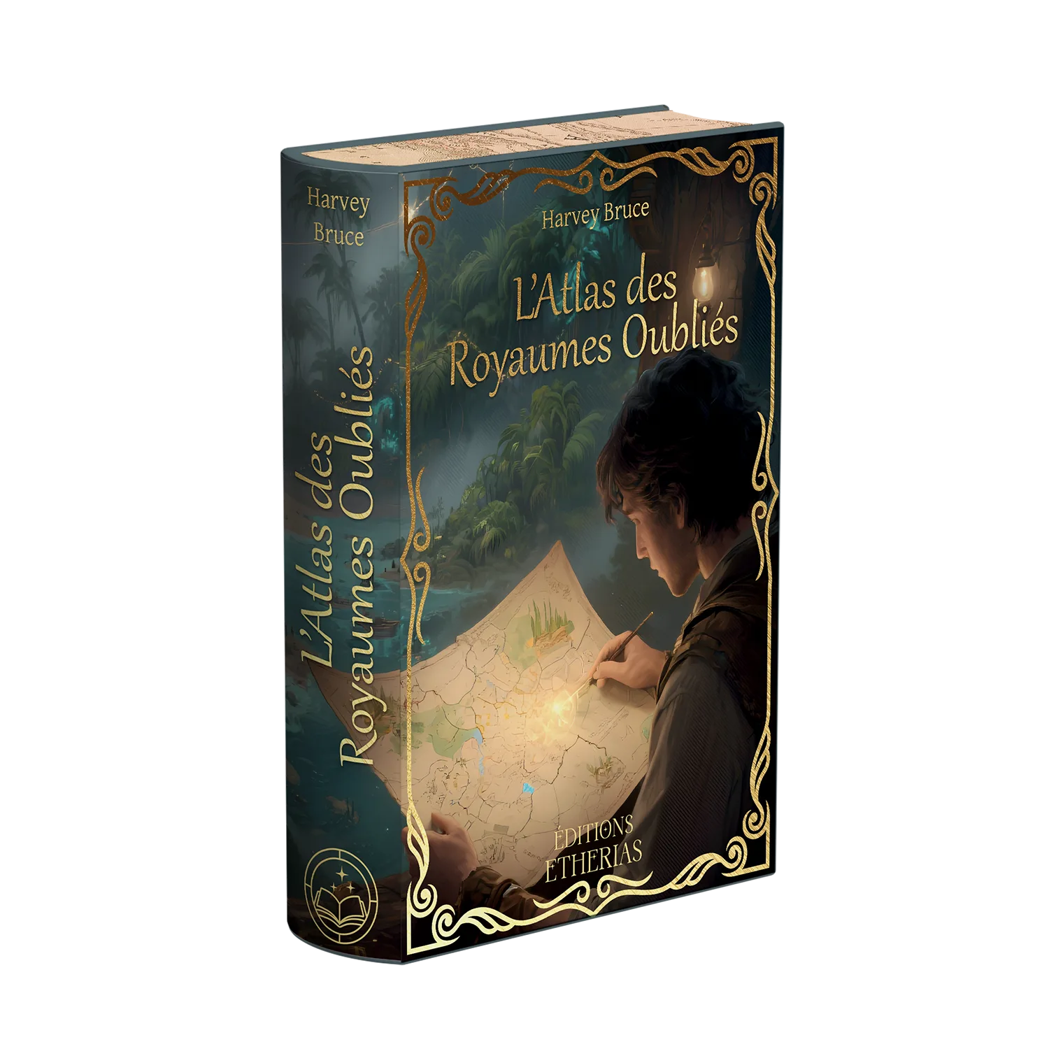 Couverture livre relié éthéré L'Atlas des Royaumes Oubliés de Harvey Bruce, Éditions Etherias
