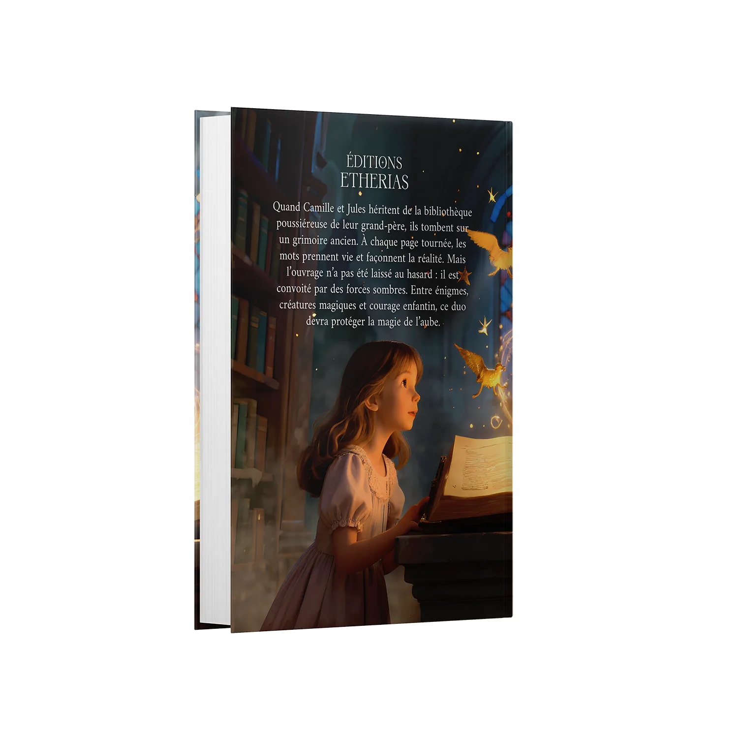 Arrière livre relié Le Grimoire de l'Aube de Ruby Weiss, Éditions Etherias