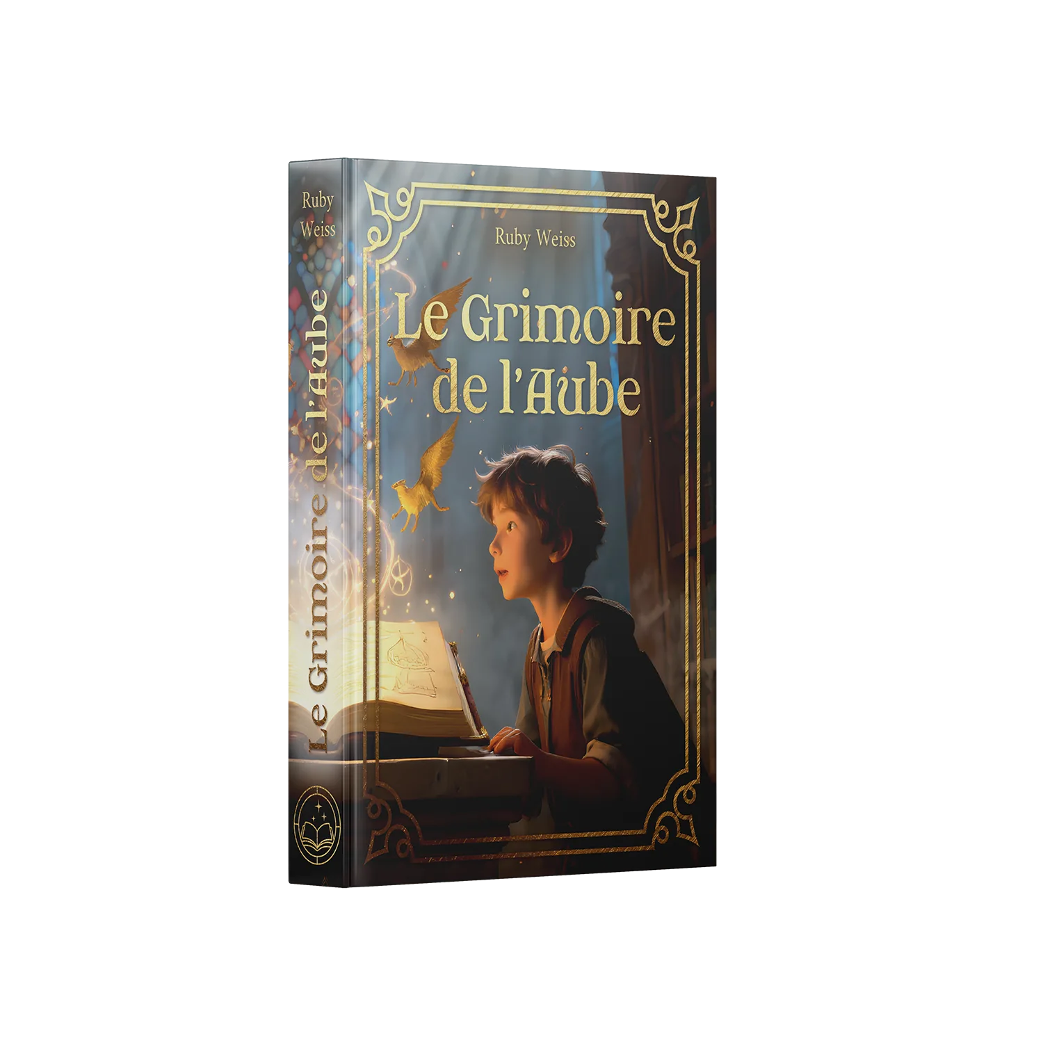 Couverture livre relié éthéré Le Grimoire de l'Aube de Ruby Weiss, Éditions Etherias