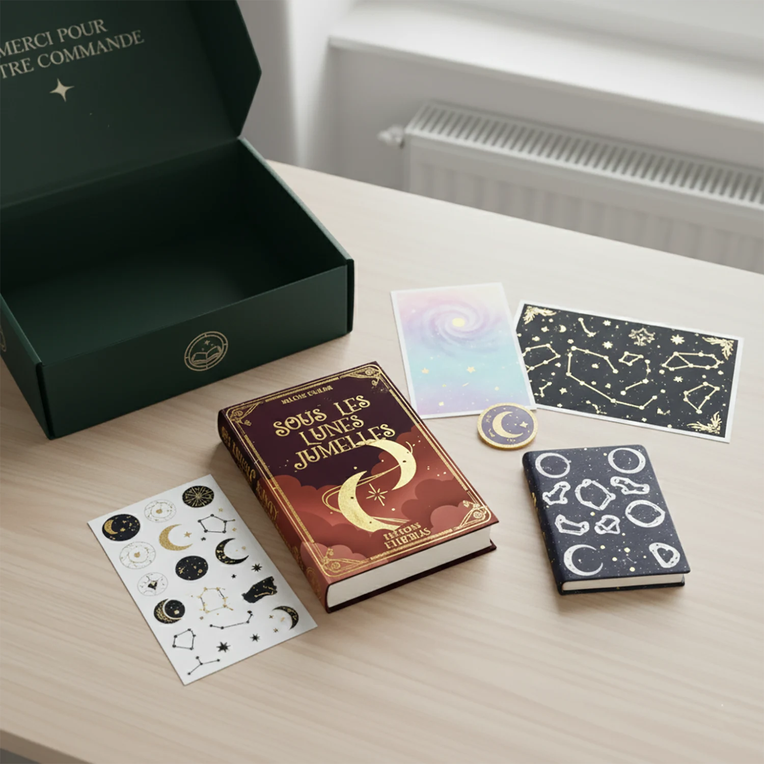 Assortiment d'objets d'Éditions Etherias Boxs littéraires fantasy, Box Aurora classique