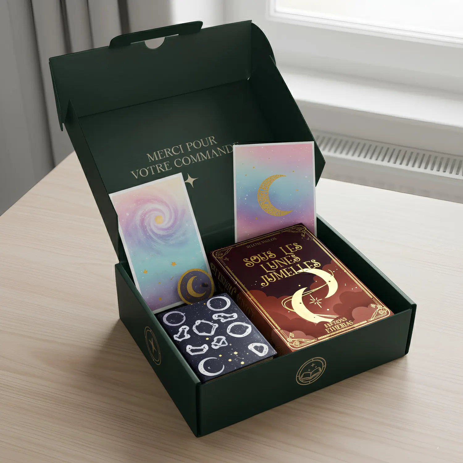 Assortiment d'objets d'Éditions Etherias Boxs littéraires fantasy, Box Aurora classique