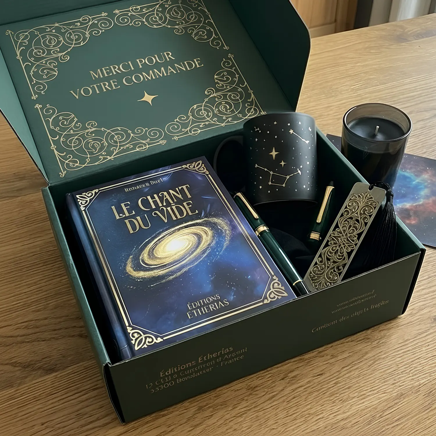 Box goodies Aurora d'Éditions Etherias, Assortiment d'objets d'Éditions Etherias Boxs littéraires fantasy, Box Eclipsia Collector